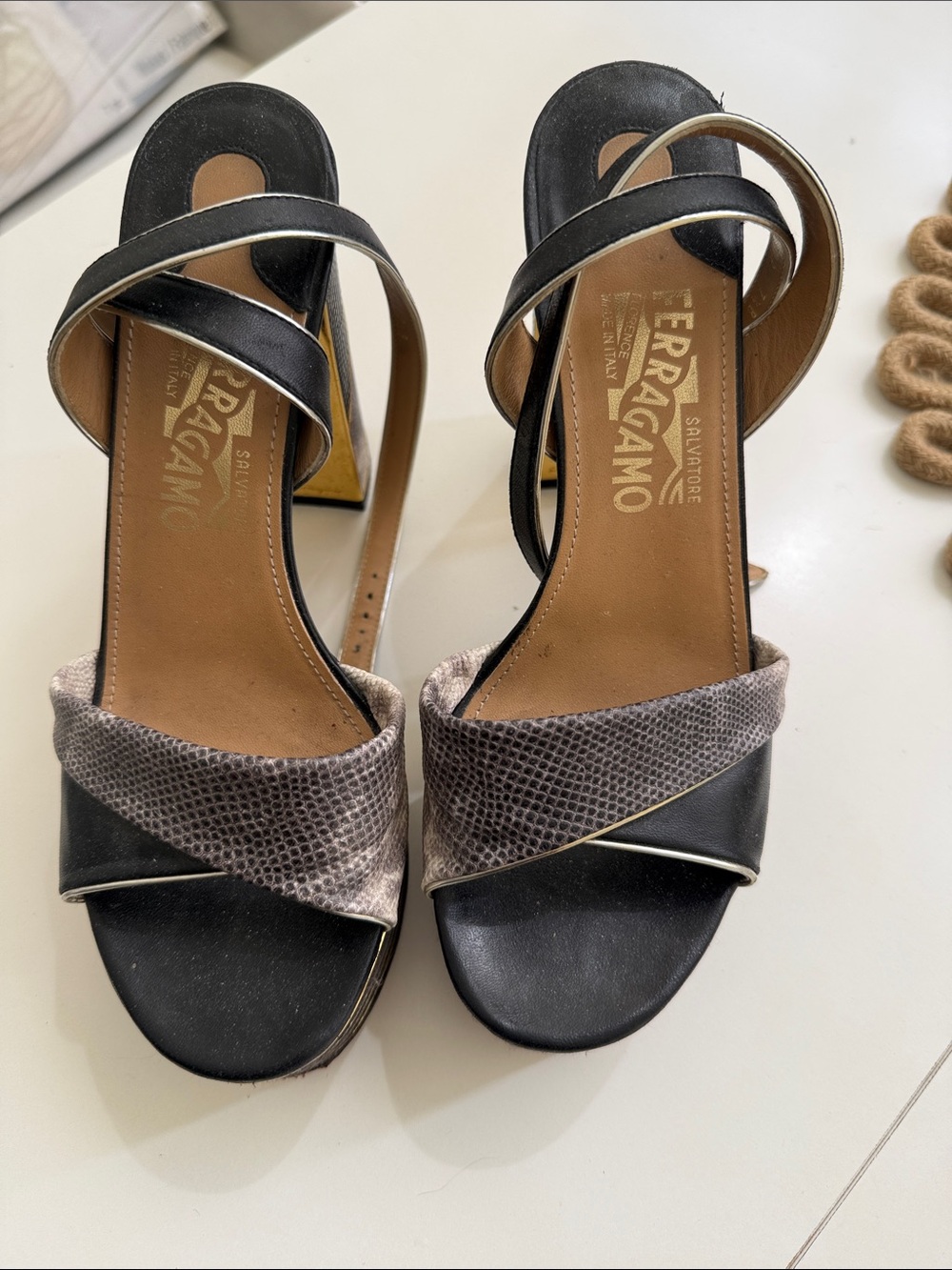Salvatore Ferragamo Black & Gray Textured Leather Cross-Strap Heels